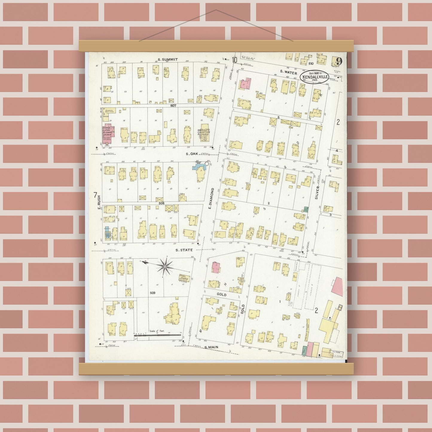 Old map wall art mockup — magnetic wood frame on brick wall — Sanborn Fire Insurance Map from Kendallville, Noble County, Indiana (1908), Sheet #0009