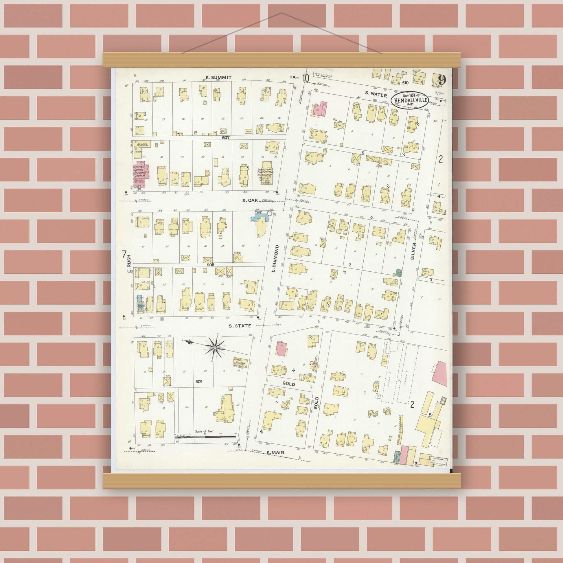 Old map wall art mockup — magnetic wood frame on brick wall — Sanborn Fire Insurance Map from Kendallville, Noble County, Indiana (1908), Sheet #0009