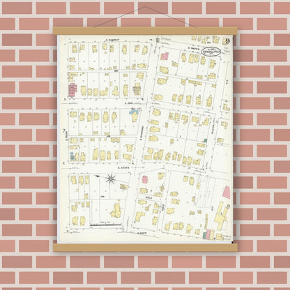 Old map wall art mockup — magnetic wood frame on brick wall — Sanborn Fire Insurance Map from Kendallville, Noble County, Indiana (1908), Sheet #0009
