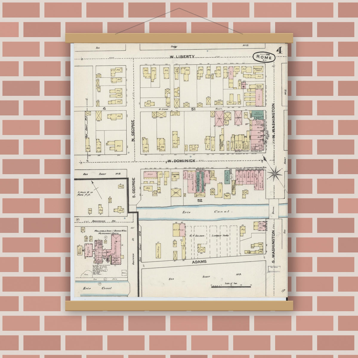Old map wall art mockup — magnetic wood frame on brick wall — Sanborn Fire Insurance Map from Rome, Oneida County, New York (1888), Sheet #0004