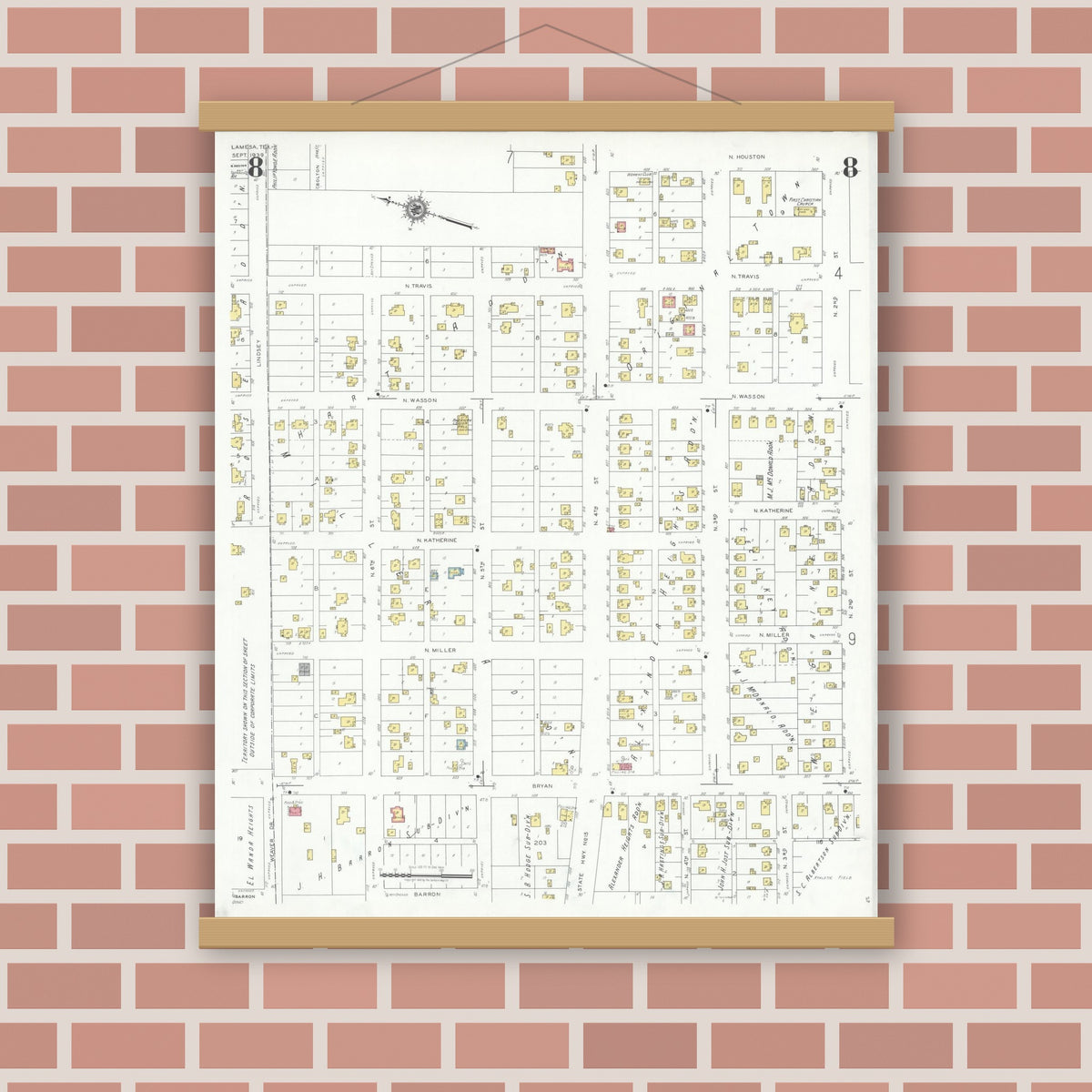 Old map wall art mockup — magnetic wood frame on brick wall — Sanborn Fire Insurance Map from Lamesa, Dawson County, Texas (1939), Sheet #0008