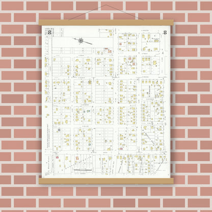 Old map wall art mockup — magnetic wood frame on brick wall — Sanborn Fire Insurance Map from Lamesa, Dawson County, Texas (1939), Sheet #0008