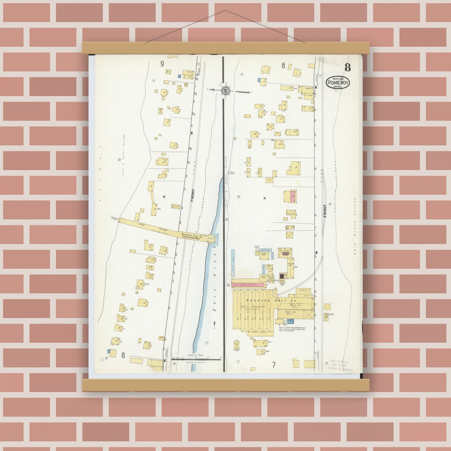 Old map wall art mockup — magnetic wood frame on brick wall — Sanborn Fire Insurance Map from Pomeroy, Meigs County, Ohio (1916), Sheet #0008
