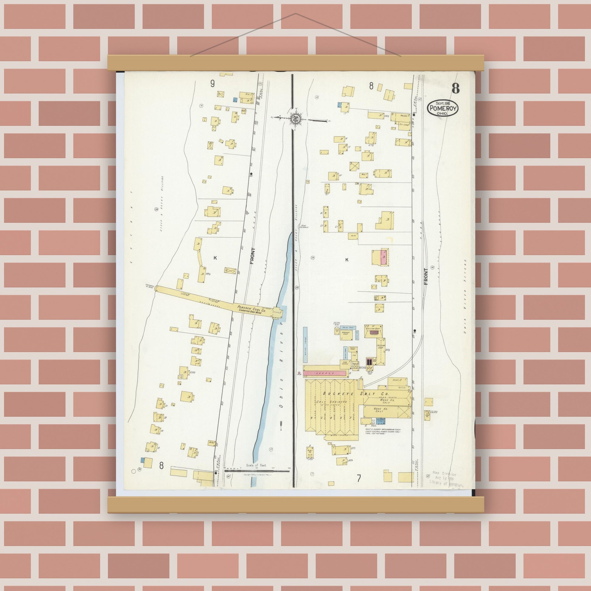 Old map wall art mockup — magnetic wood frame on brick wall — Sanborn Fire Insurance Map from Pomeroy, Meigs County, Ohio (1916), Sheet #0008