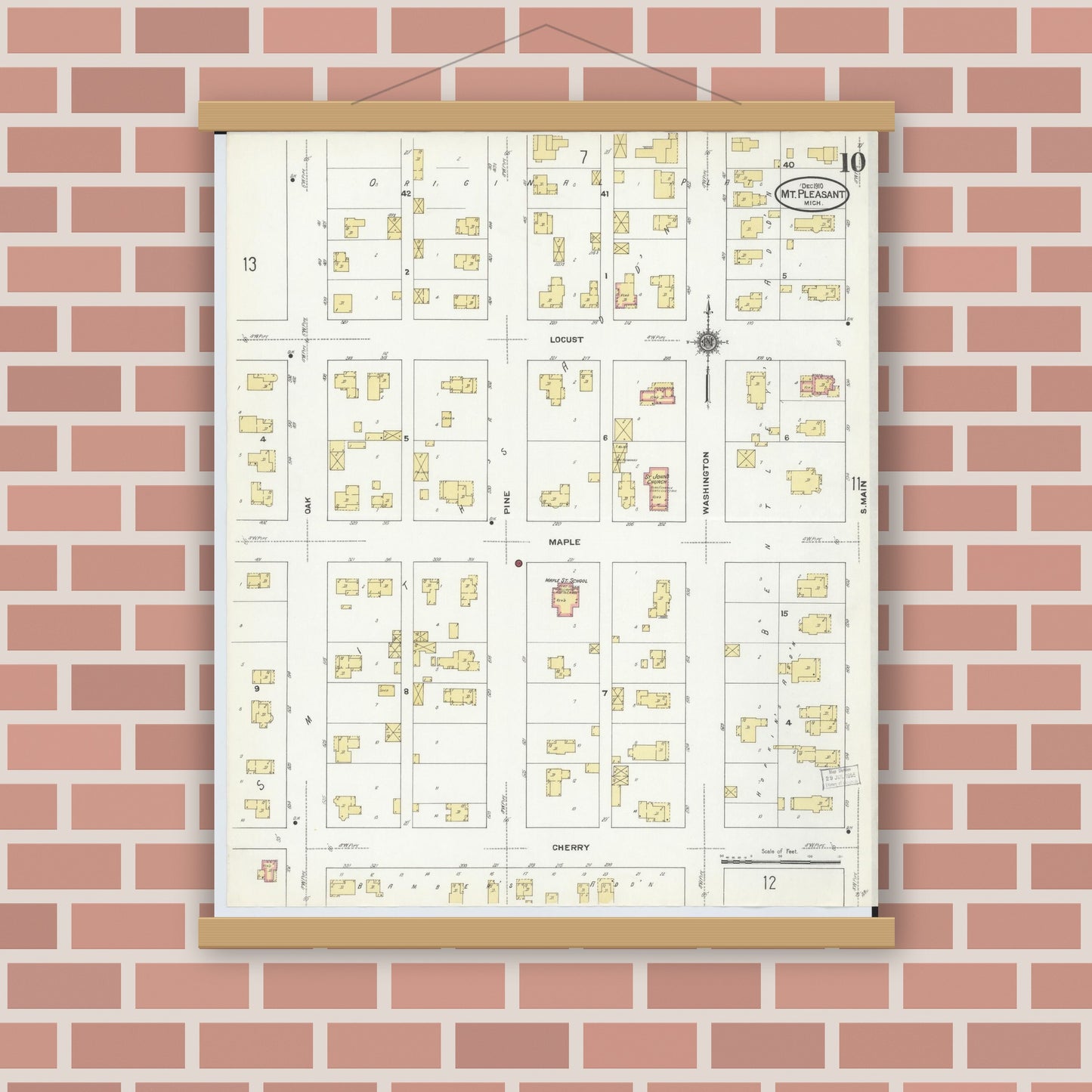 Old map wall art mockup — magnetic wood frame on brick wall — Sanborn Fire Insurance Map from Mount Pleasant, Isabella County, Michigan (1910), Sheet #0010