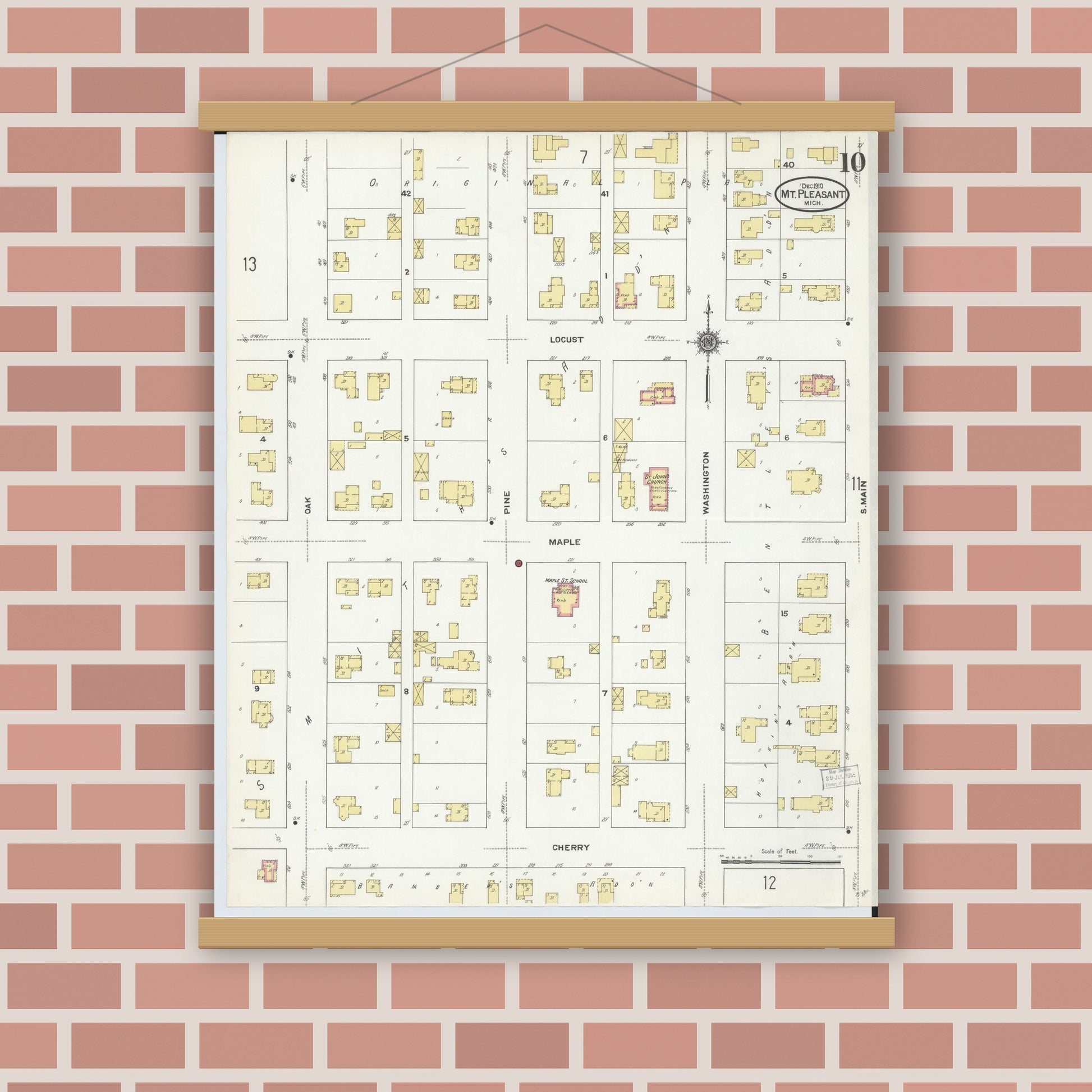 Old map wall art mockup — magnetic wood frame on brick wall — Sanborn Fire Insurance Map from Mount Pleasant, Isabella County, Michigan (1910), Sheet #0010