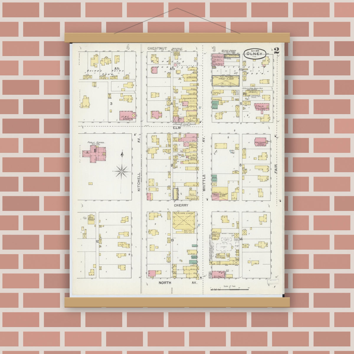 Old map wall art mockup — magnetic wood frame on brick wall — Sanborn Fire Insurance Map from Olney, Richland County, Illinois (1892), Sheet #0002
