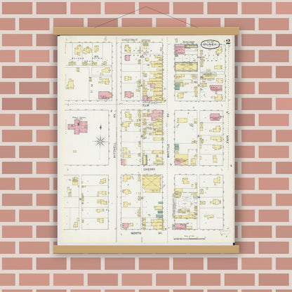 Old map wall art mockup — magnetic wood frame on brick wall — Sanborn Fire Insurance Map from Olney, Richland County, Illinois (1892), Sheet #0002