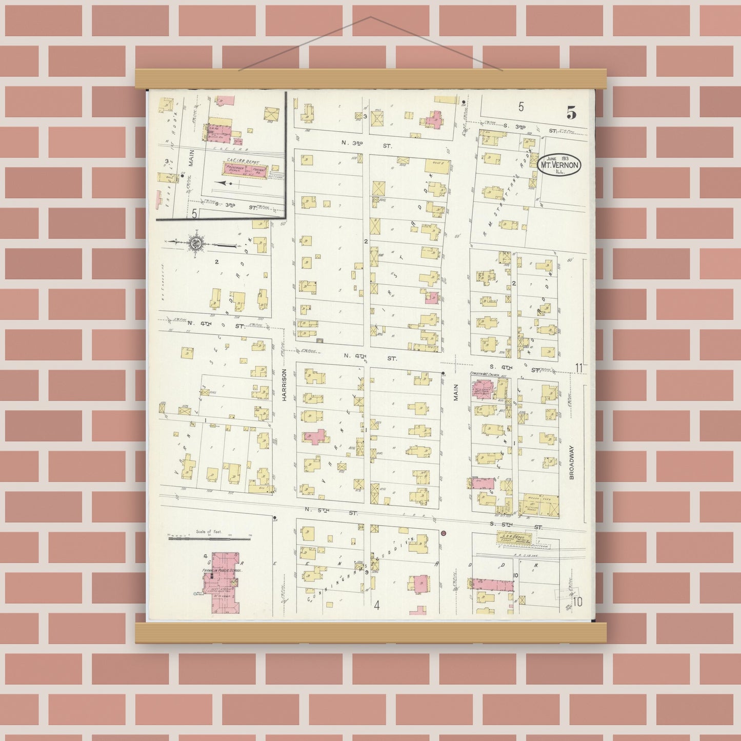 Old map wall art mockup — magnetic wood frame on brick wall — Sanborn Fire Insurance Map from Mount Vernon, Jefferson County, Illinois (1913), Sheet #0005