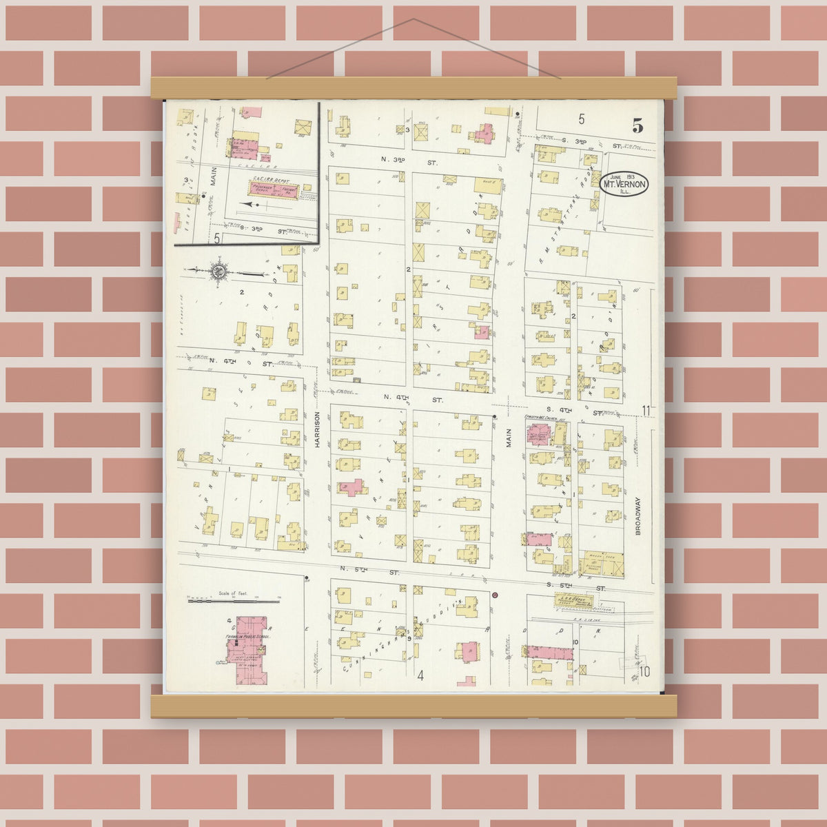 Old map wall art mockup — magnetic wood frame on brick wall — Sanborn Fire Insurance Map from Mount Vernon, Jefferson County, Illinois (1913), Sheet #0005