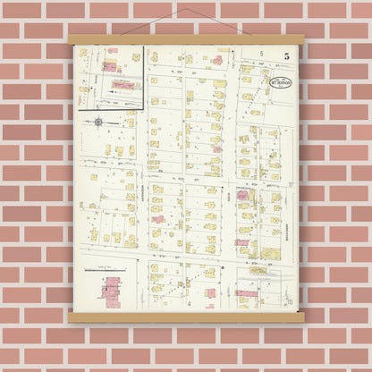 Old map wall art mockup — magnetic wood frame on brick wall — Sanborn Fire Insurance Map from Mount Vernon, Jefferson County, Illinois (1913), Sheet #0005