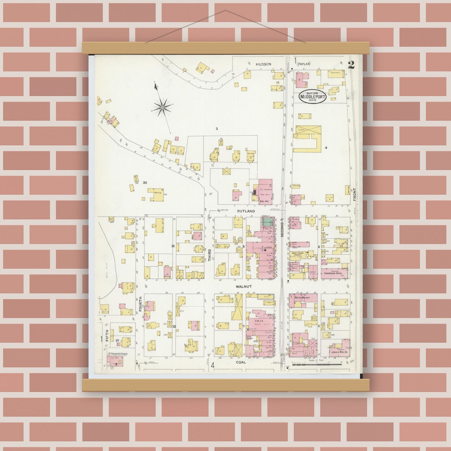 Old map wall art mockup — magnetic wood frame on brick wall — Sanborn Fire Insurance Map from Middleport, Meigs County, Ohio (1908), Sheet #0002
