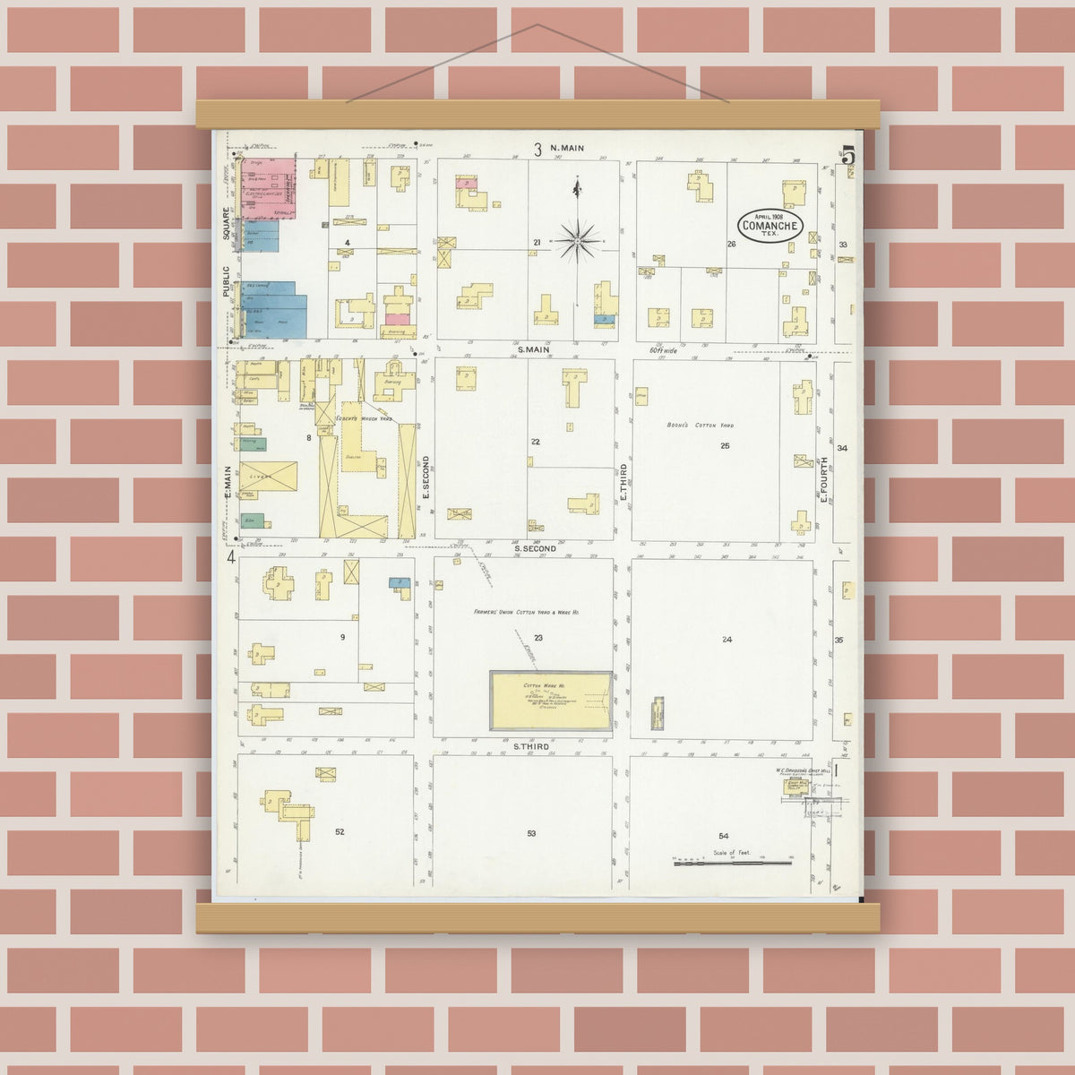Old map wall art mockup — magnetic wood frame on brick wall — Sanborn Fire Insurance Map from Comanche, Comanche County, Texas (1908), Sheet #0005