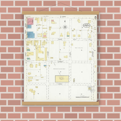 Old map wall art mockup — magnetic wood frame on brick wall — Sanborn Fire Insurance Map from Comanche, Comanche County, Texas (1908), Sheet #0005