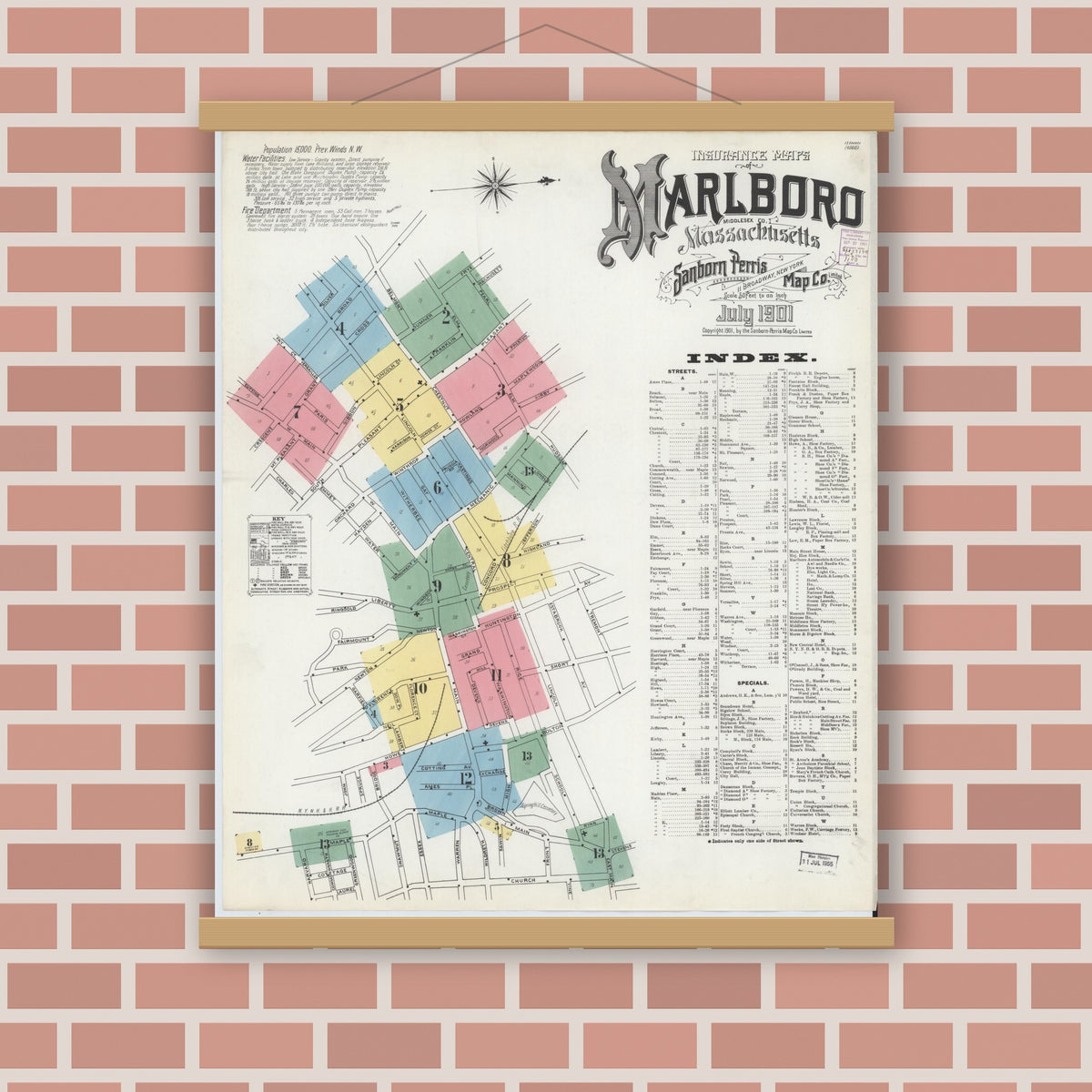 Old map wall art mockup — magnetic wood frame on brick wall — Sanborn Fire Insurance Map from Marlborough, Middlesex County, Massachusetts (1901) - Complete Map Set