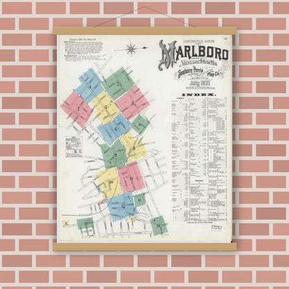 Old map wall art mockup — magnetic wood frame on brick wall — Sanborn Fire Insurance Map from Marlborough, Middlesex County, Massachusetts (1901) - Complete Map Set