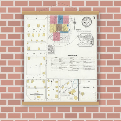 Old map wall art mockup — magnetic wood frame on brick wall — Sanborn Fire Insurance Map from Wylie, Collin County, Texas (1921), Sheet #0001