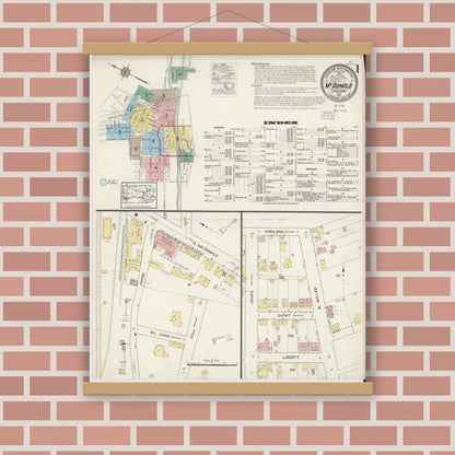 Old map wall art mockup — magnetic wood frame on brick wall — Sanborn Fire Insurance Map from McDonald, Washington County, Pennsylvania (1915), Sheet #0001
