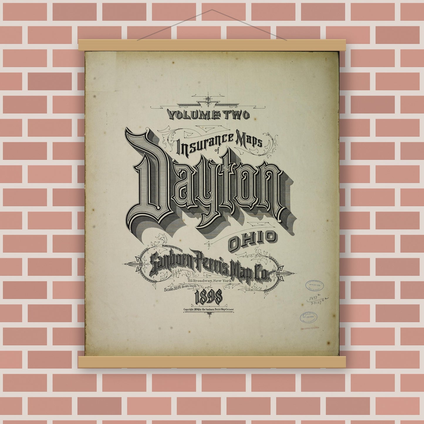 Old map wall art mockup — magnetic wood frame on brick wall — Sanborn Fire Insurance Map from Dayton, Montgomery County, Ohio (1898), Sheet #0001