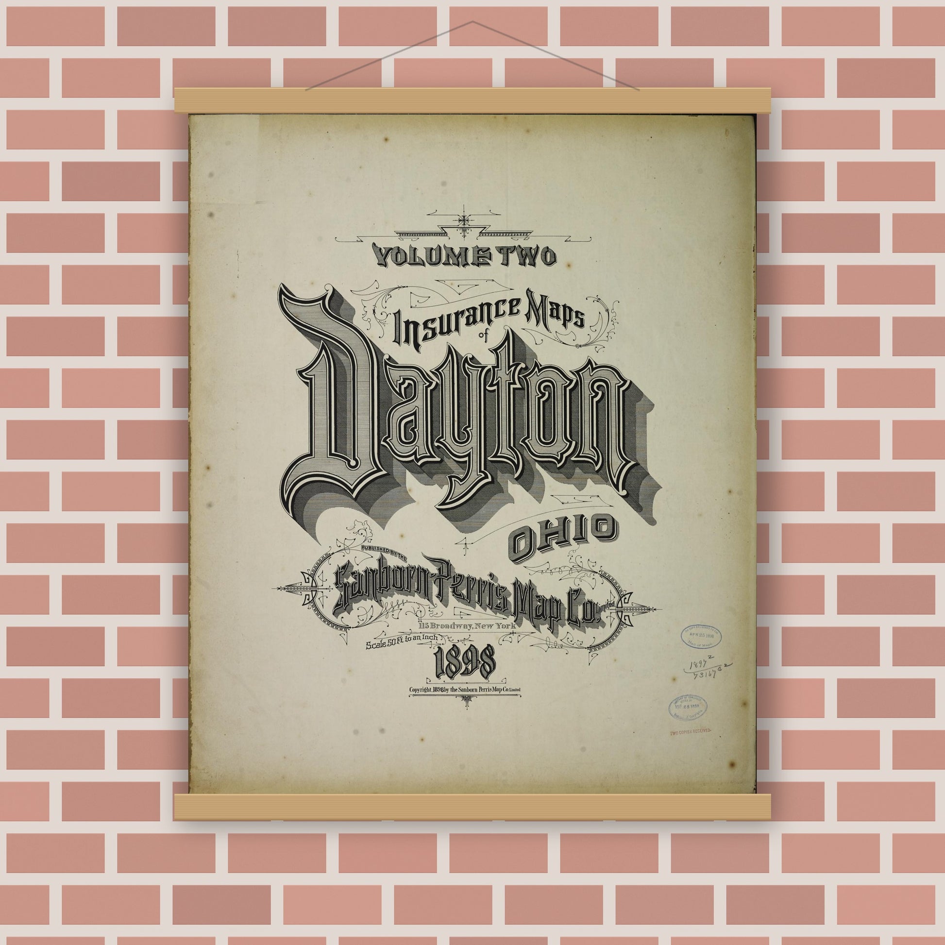 Old map wall art mockup — magnetic wood frame on brick wall — Sanborn Fire Insurance Map from Dayton, Montgomery County, Ohio (1898), Sheet #0001