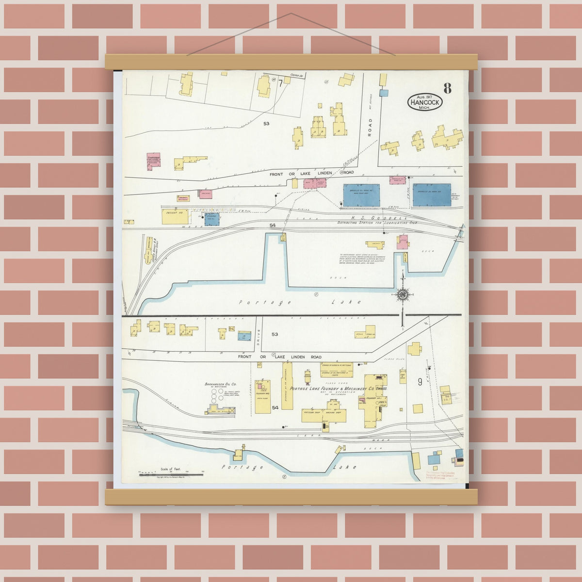 Old map wall art mockup — magnetic wood frame on brick wall — Sanborn Fire Insurance Map from Hancock, Houghton County, Michigan (1917), Sheet #0008