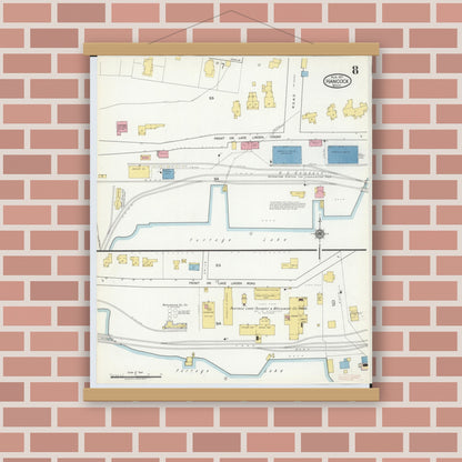 Old map wall art mockup — magnetic wood frame on brick wall — Sanborn Fire Insurance Map from Hancock, Houghton County, Michigan (1917), Sheet #0008