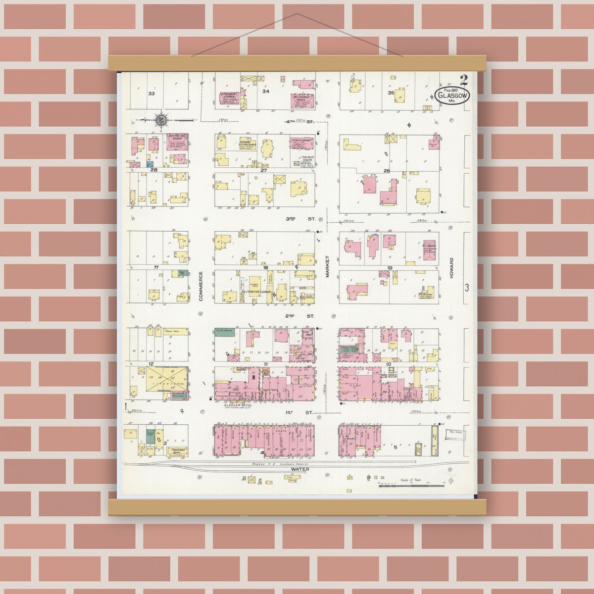 Old map wall art mockup — magnetic wood frame on brick wall — Sanborn Fire Insurance Map from Glasgow, Howard County, Missouri (1910), Sheet #0002