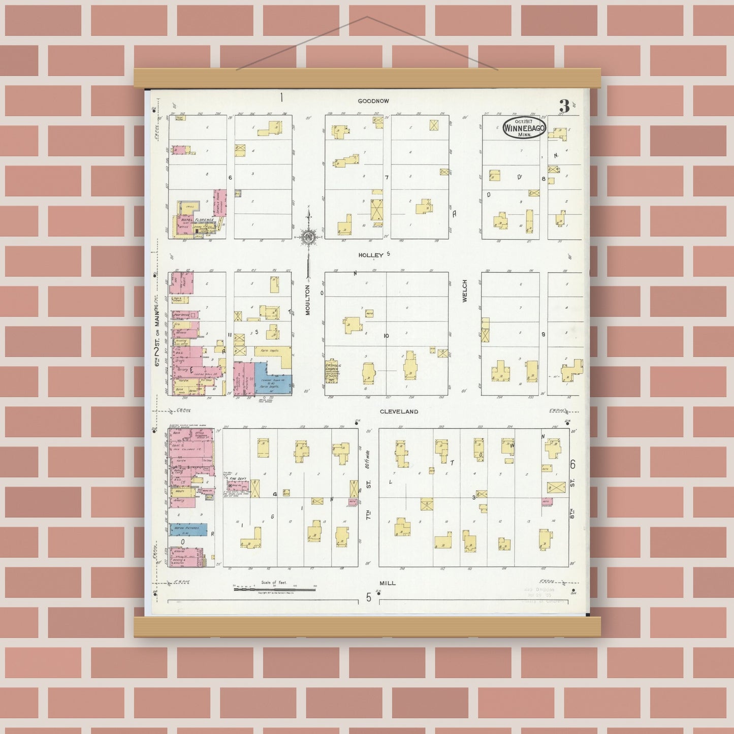 Old map wall art mockup — magnetic wood frame on brick wall — Sanborn Fire Insurance Map from Winnebago, Faribault County, Minnesota (1917), Sheet #0003