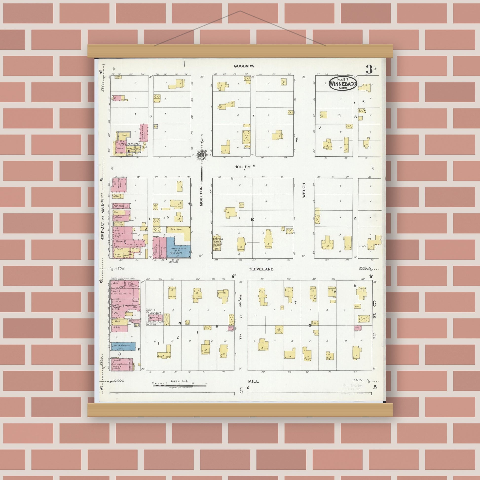 Old map wall art mockup — magnetic wood frame on brick wall — Sanborn Fire Insurance Map from Winnebago, Faribault County, Minnesota (1917), Sheet #0003