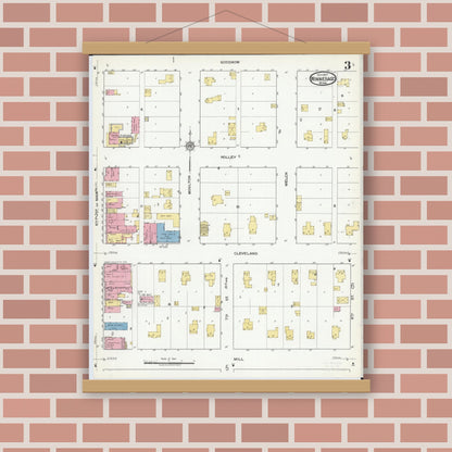 Old map wall art mockup — magnetic wood frame on brick wall — Sanborn Fire Insurance Map from Winnebago, Faribault County, Minnesota (1917), Sheet #0003