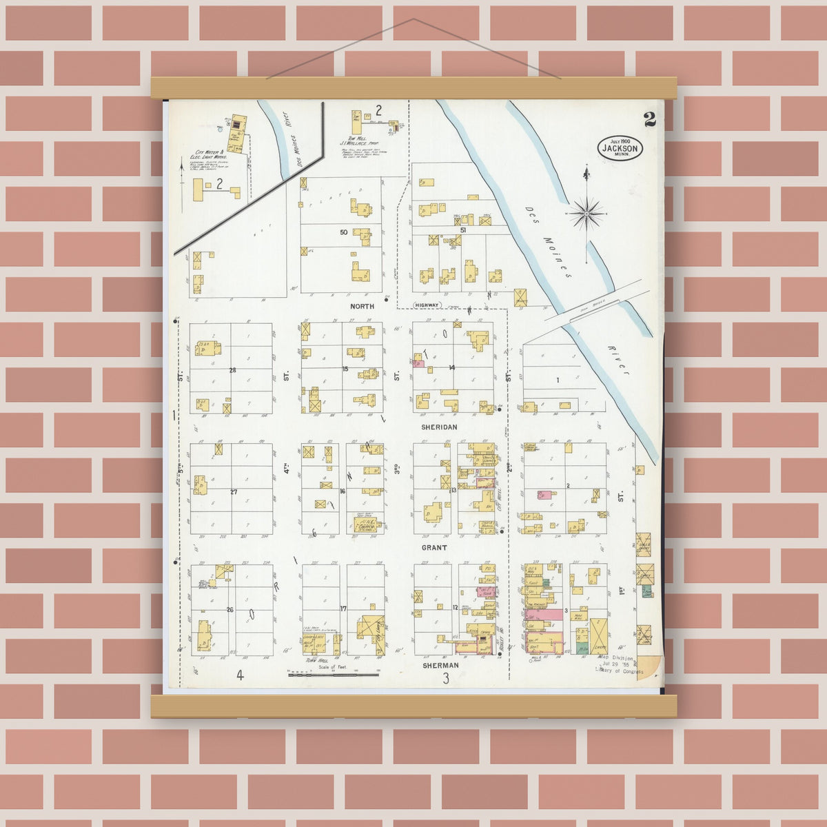Old map wall art mockup — magnetic wood frame on brick wall — Sanborn Fire Insurance Map from Jackson, Jackson County, Minnesota (1900), Sheet #0002
