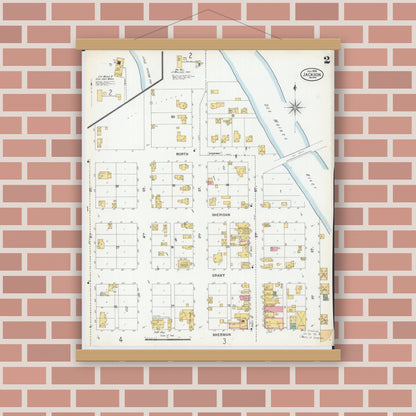 Old map wall art mockup — magnetic wood frame on brick wall — Sanborn Fire Insurance Map from Jackson, Jackson County, Minnesota (1900), Sheet #0002