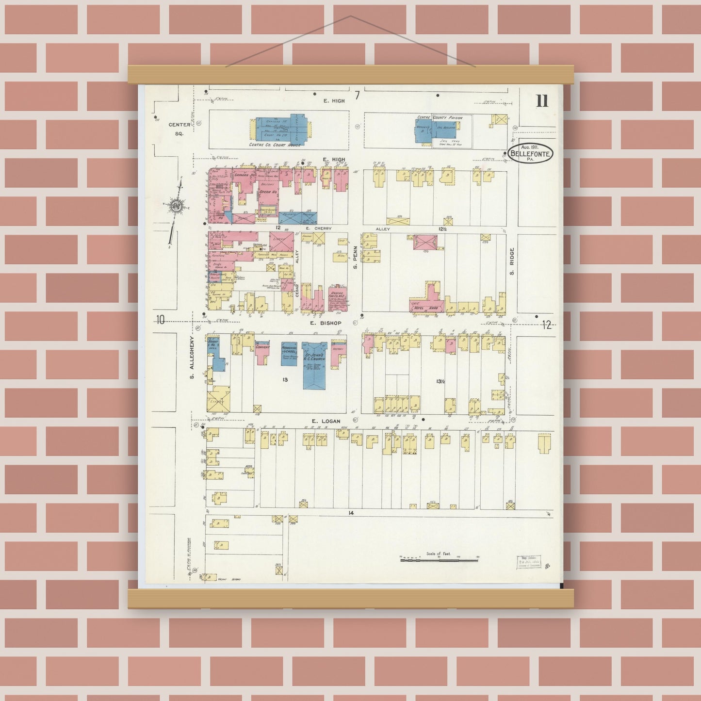 Old map wall art mockup — magnetic wood frame on brick wall — Sanborn Fire Insurance Map from Bellefonte, Centre County, Pennsylvania (1911), Sheet #0011