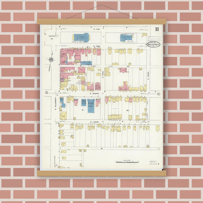 Old map wall art mockup — magnetic wood frame on brick wall — Sanborn Fire Insurance Map from Bellefonte, Centre County, Pennsylvania (1911), Sheet #0011