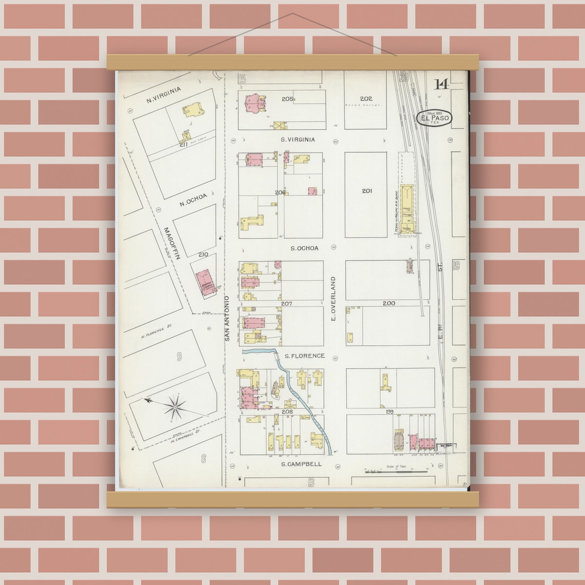Old map wall art mockup — magnetic wood frame on brick wall — Sanborn Fire Insurance Map from El Paso, El Paso County, Texas (1893), Sheet #0014