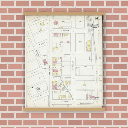 Old map wall art mockup — magnetic wood frame on brick wall — Sanborn Fire Insurance Map from El Paso, El Paso County, Texas (1893), Sheet #0014
