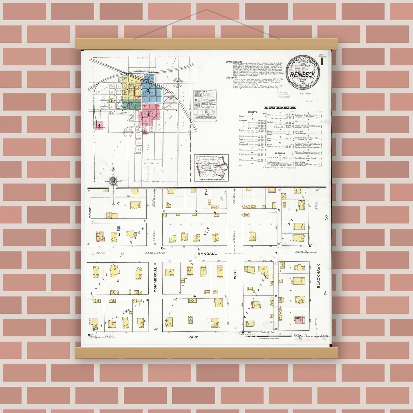 Old map wall art mockup — magnetic wood frame on brick wall — Sanborn Fire Insurance Map from Reinbeck, Grundy County, Iowa (1921), Sheet #0001