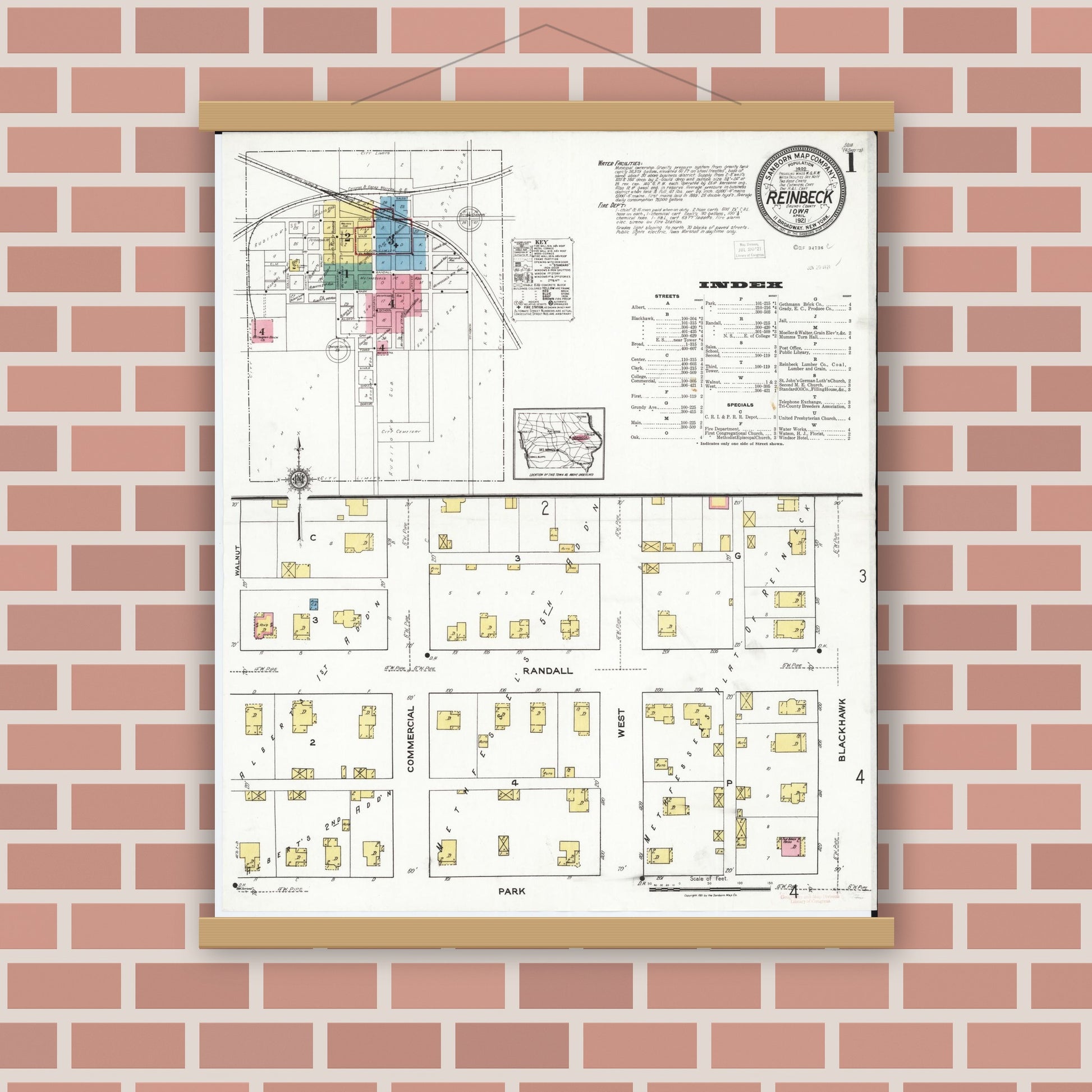 Old map wall art mockup — magnetic wood frame on brick wall — Sanborn Fire Insurance Map from Reinbeck, Grundy County, Iowa (1921), Sheet #0001