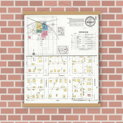Old map wall art mockup — magnetic wood frame on brick wall — Sanborn Fire Insurance Map from Reinbeck, Grundy County, Iowa (1921), Sheet #0001