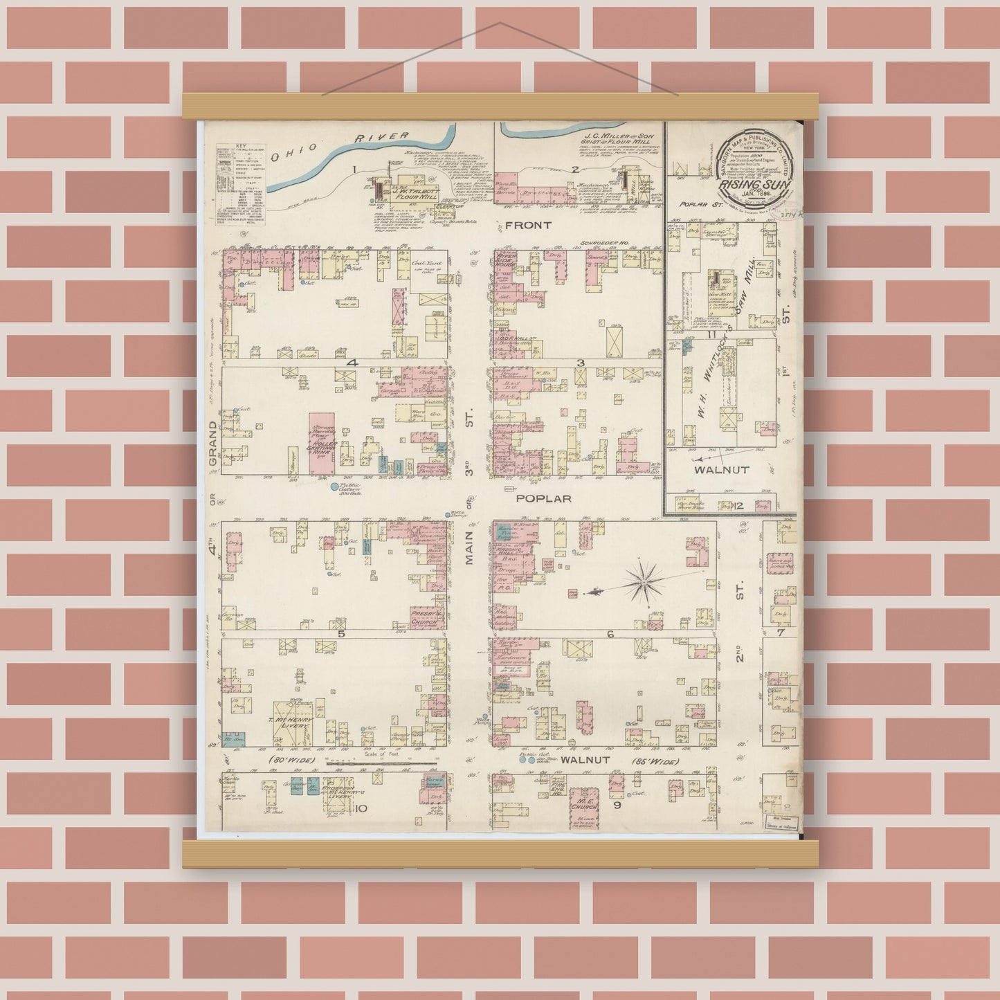 Old map wall art mockup — magnetic wood frame on brick wall — Sanborn Fire Insurance Map from Rising Sun, Ohio County, Indiana (1886), Sheet #0001