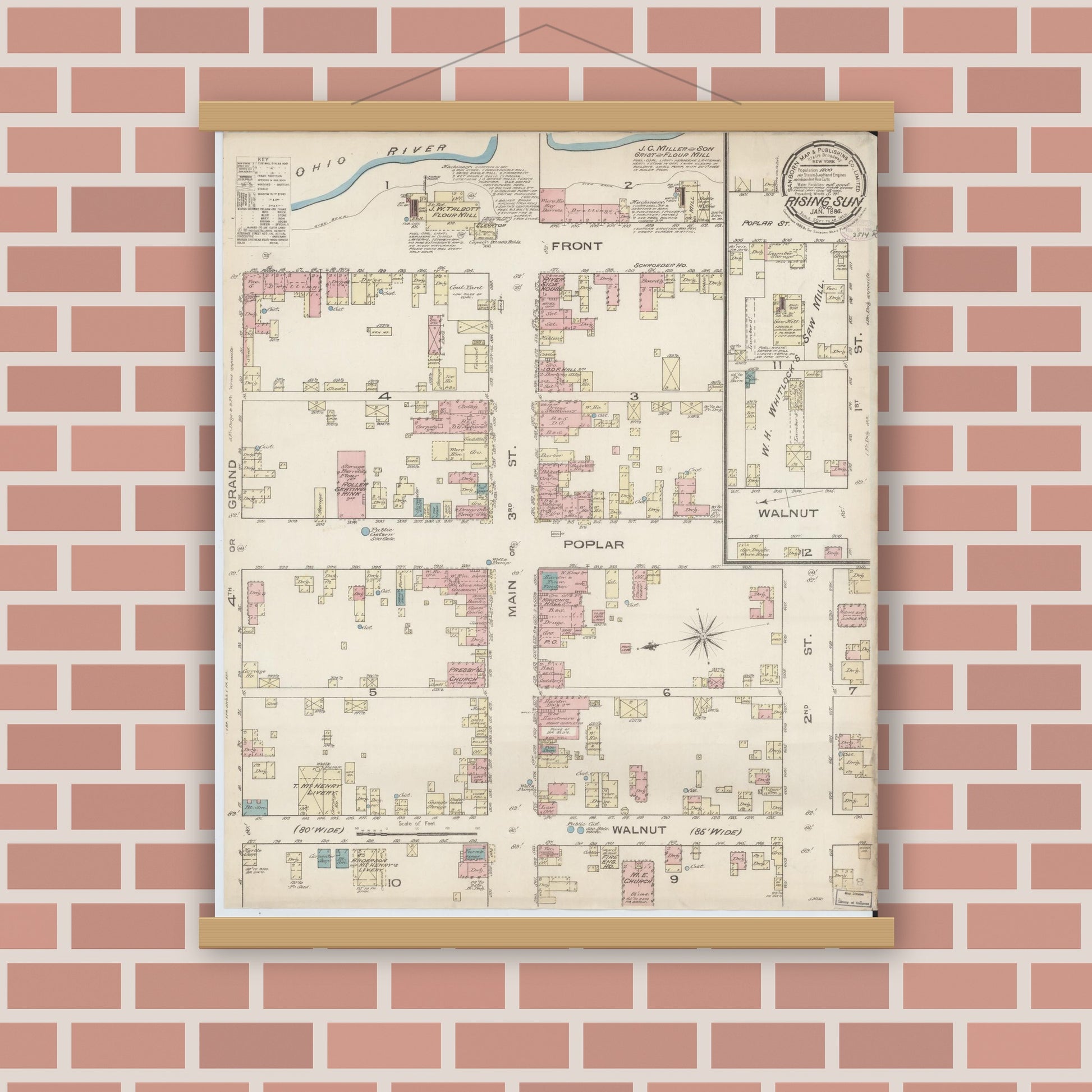 Old map wall art mockup — magnetic wood frame on brick wall — Sanborn Fire Insurance Map from Rising Sun, Ohio County, Indiana (1886), Sheet #0001