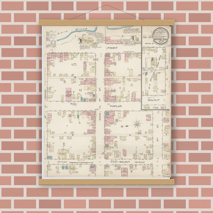 Old map wall art mockup — magnetic wood frame on brick wall — Sanborn Fire Insurance Map from Rising Sun, Ohio County, Indiana (1886), Sheet #0001