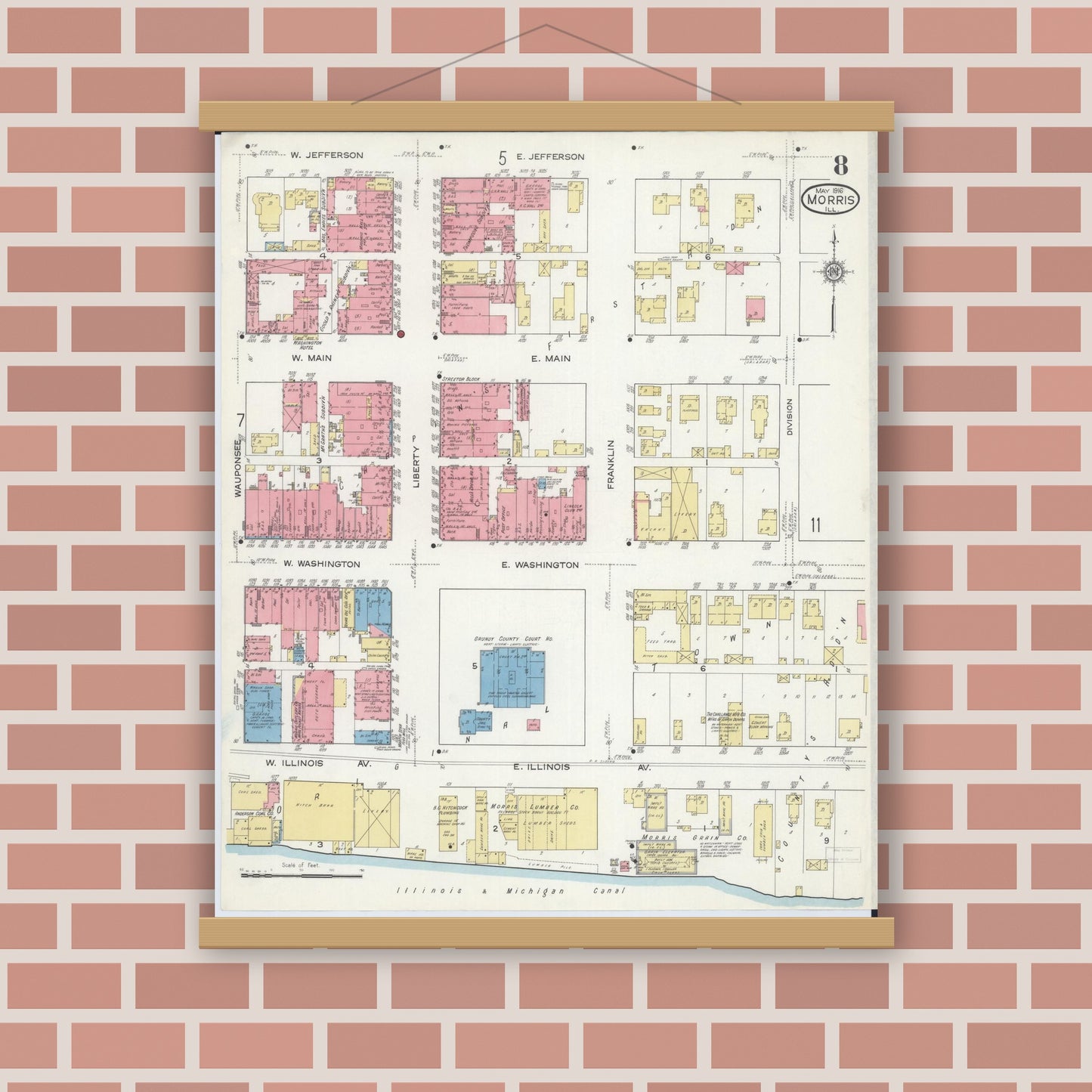 Old map wall art mockup — magnetic wood frame on brick wall — Sanborn Fire Insurance Map from Morris, Grundy County, Illinois (1916), Sheet #0008