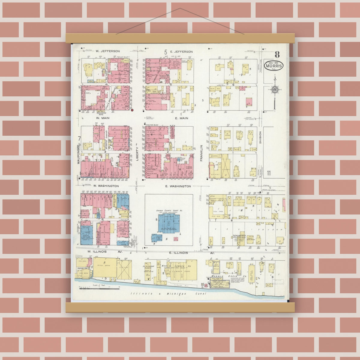 Old map wall art mockup — magnetic wood frame on brick wall — Sanborn Fire Insurance Map from Morris, Grundy County, Illinois (1916), Sheet #0008
