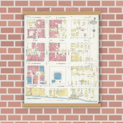 Old map wall art mockup — magnetic wood frame on brick wall — Sanborn Fire Insurance Map from Morris, Grundy County, Illinois (1916), Sheet #0008