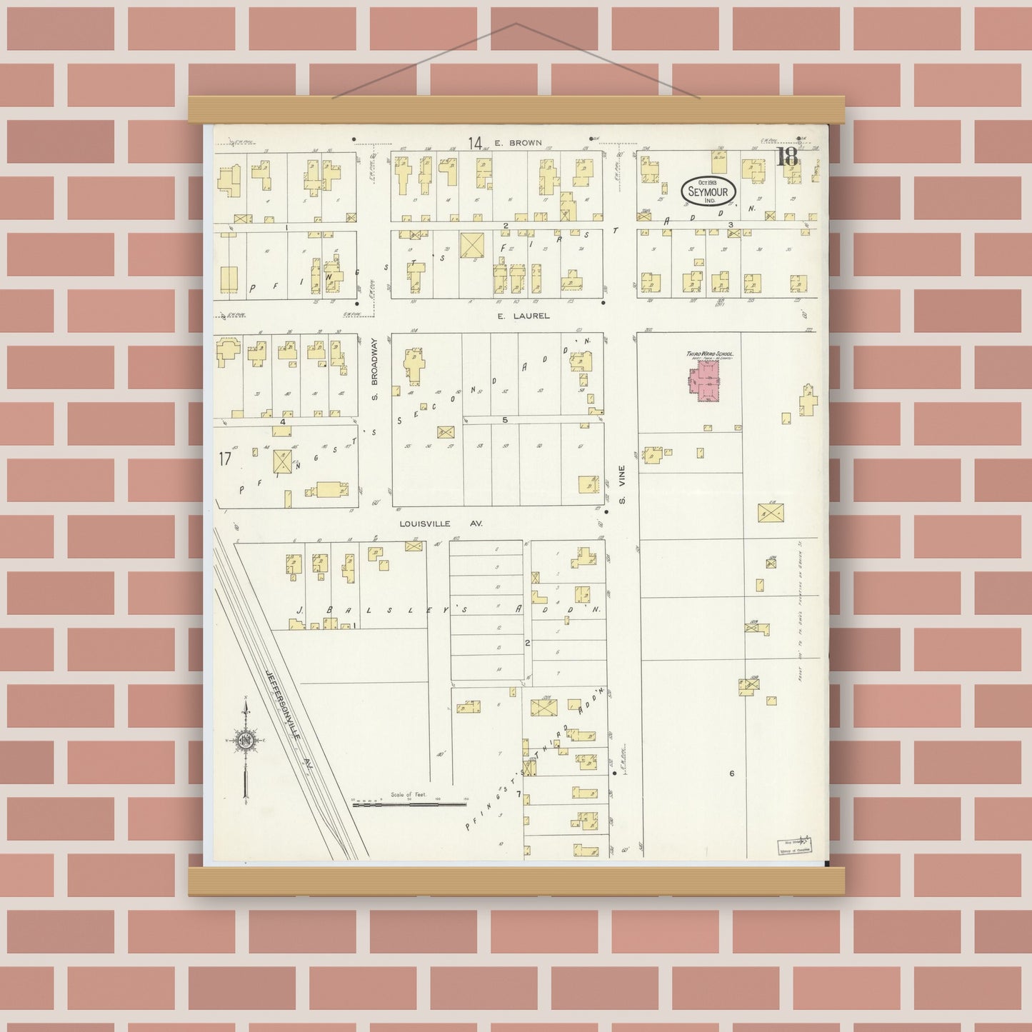 Old map wall art mockup — magnetic wood frame on brick wall — Sanborn Fire Insurance Map from Seymour, Jackson County, Indiana (1913), Sheet #0018