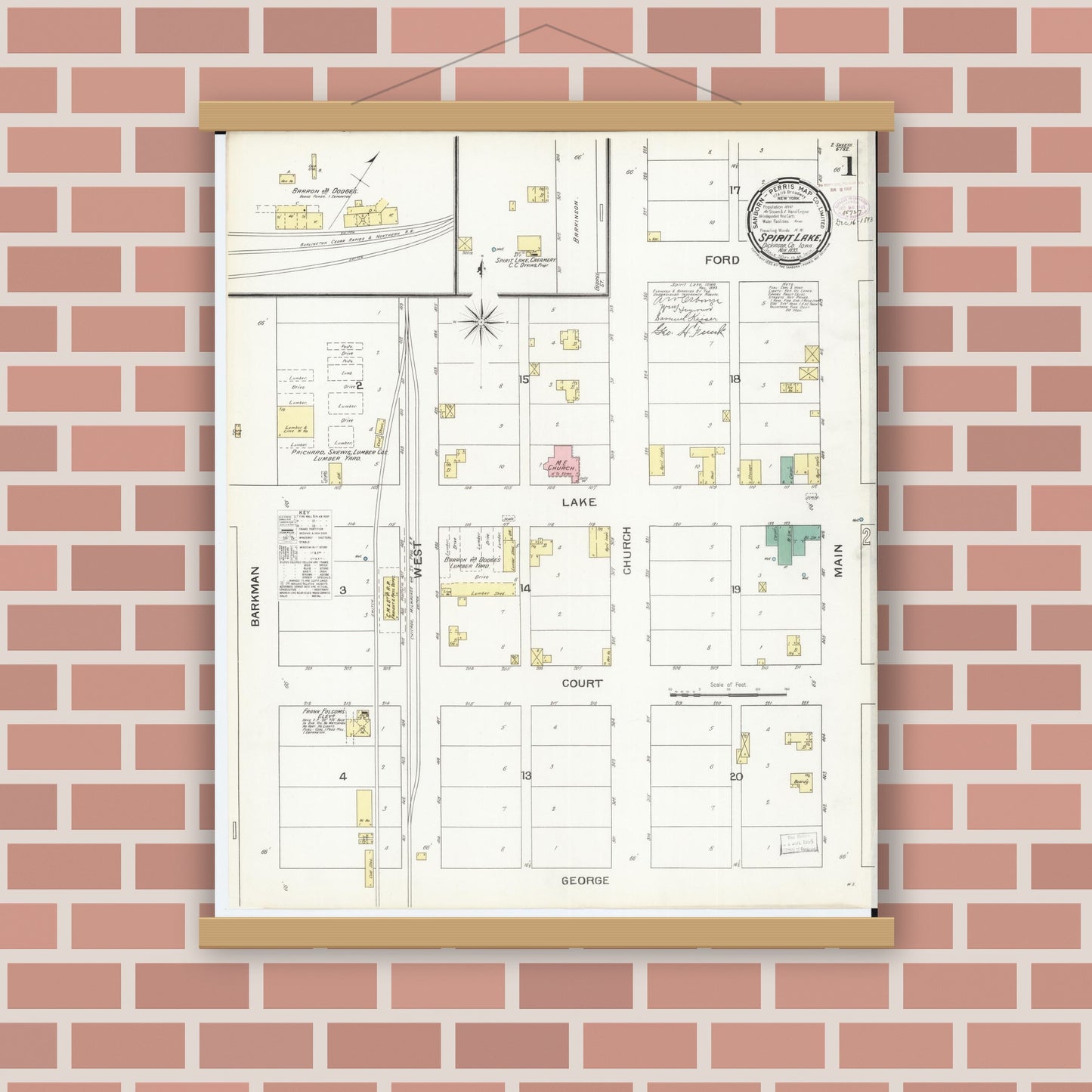 Old map wall art mockup — magnetic wood frame on brick wall — Sanborn Fire Insurance Map from Spirit Lake, Dickinson County, Iowa (1893), Sheet #0001