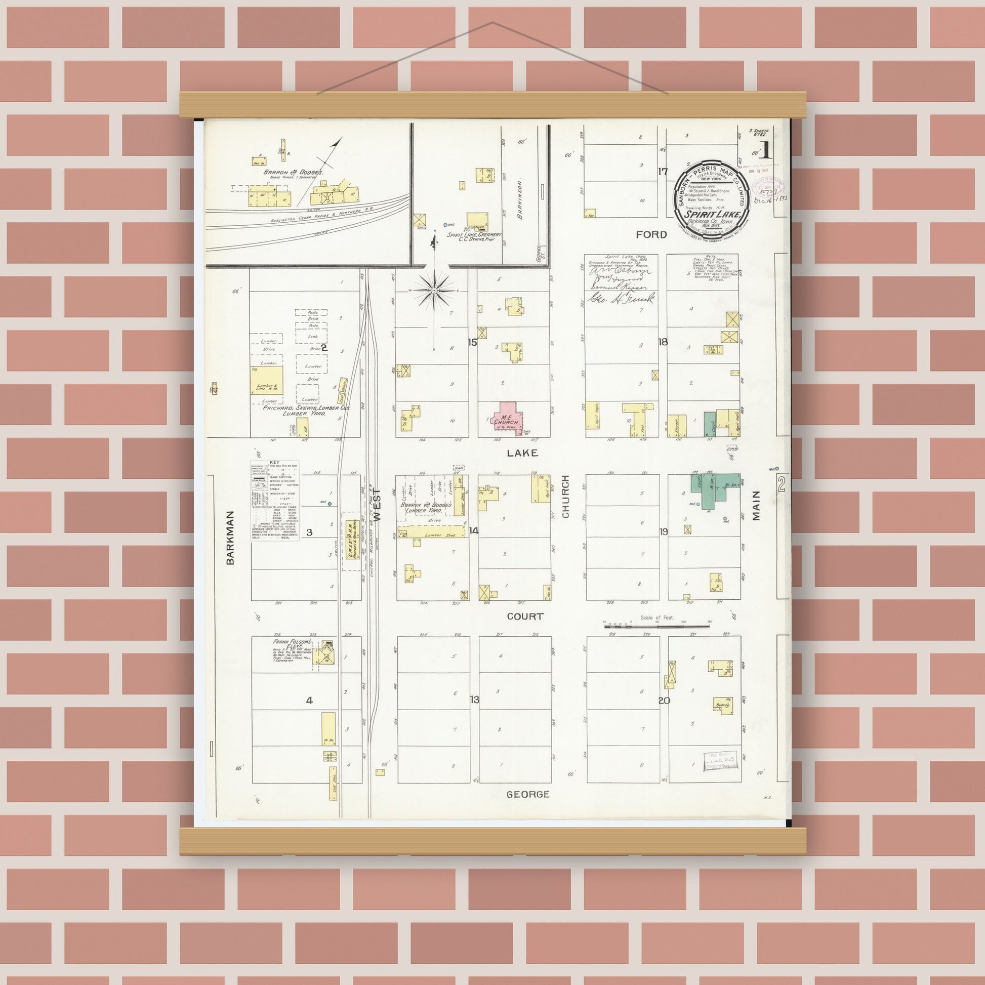 Old map wall art mockup — magnetic wood frame on brick wall — Sanborn Fire Insurance Map from Spirit Lake, Dickinson County, Iowa (1893), Sheet #0001