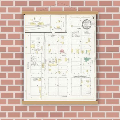 Old map wall art mockup — magnetic wood frame on brick wall — Sanborn Fire Insurance Map from Spirit Lake, Dickinson County, Iowa (1893), Sheet #0001