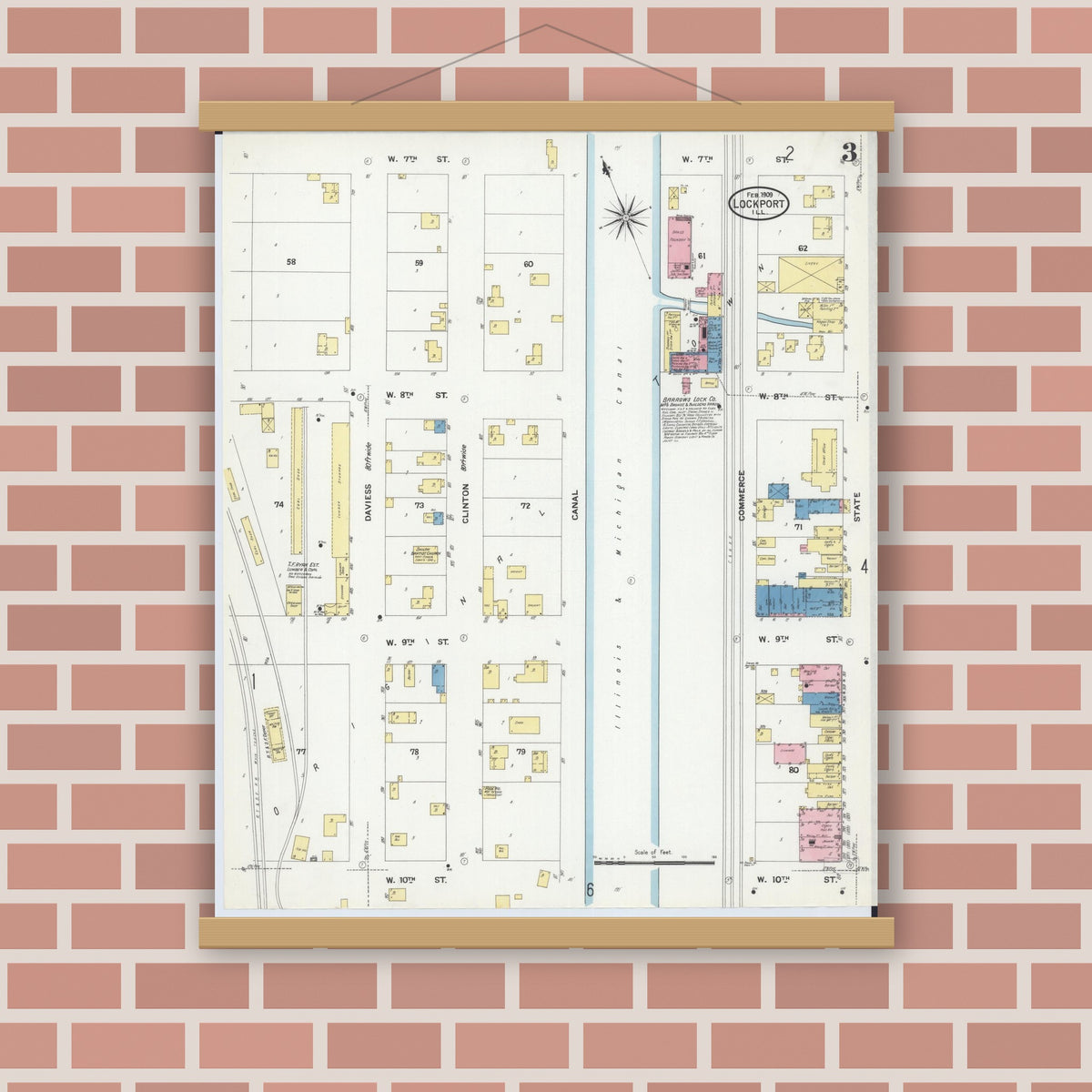 Old map wall art mockup — magnetic wood frame on brick wall — Sanborn Fire Insurance Map from Lockport, Will County, Illinois (1909), Sheet #0003